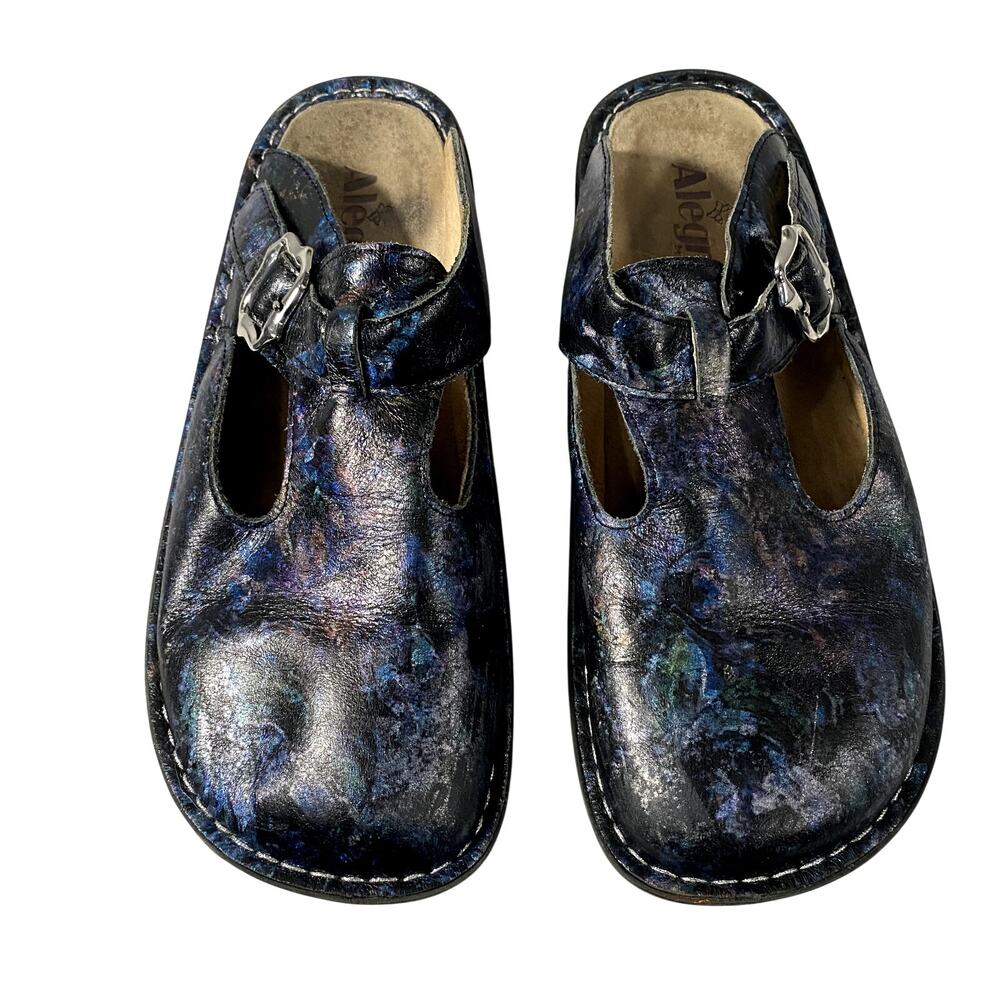 Alegria Mules Clogs Leather Blue Metallic Buckle Shoes ALG-148 Women 38 US 7.5-8